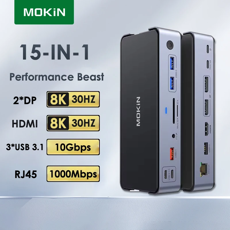

MOKiN 15 in 1 Docking Station USB C Hub 8K 30HZ 3 Channels 4K 60HZ HDMI DP USB 3.0 3.1 SD/TF RJ45 Audio PD for Mac iPad Laptop