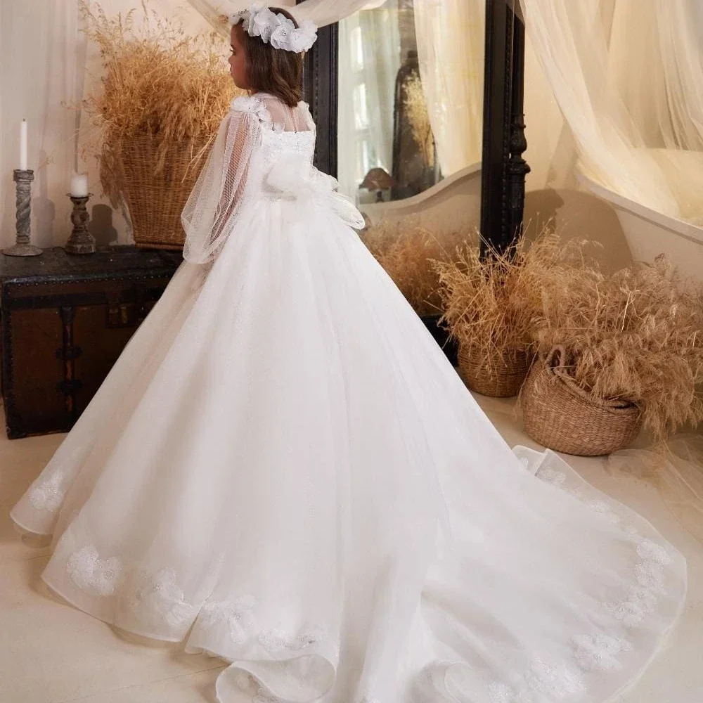 Abito da ragazza di fiore con fiocco in pizzo gonfio con applicazioni in tulle bianco per matrimonio, primo abito da festa di compleanno eucaristico per bambini