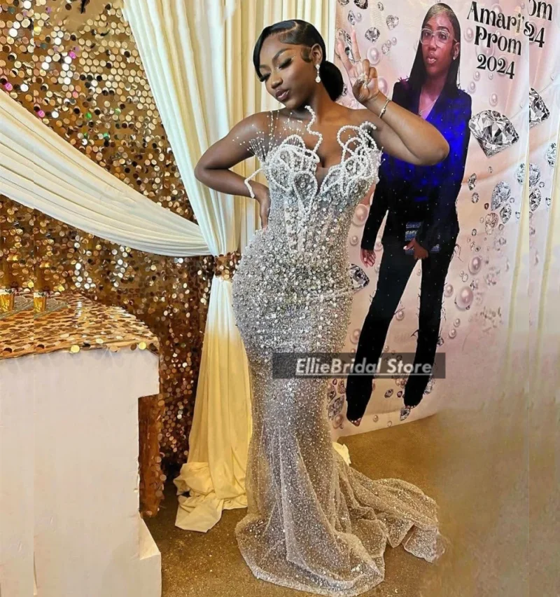Luxe Parels Prom Dresses 2023 Zwarte Meisjes Feestjurk Sequin Afrikaanse Zeemeermin Avondjurken vestidos de fiesta Aangepaste