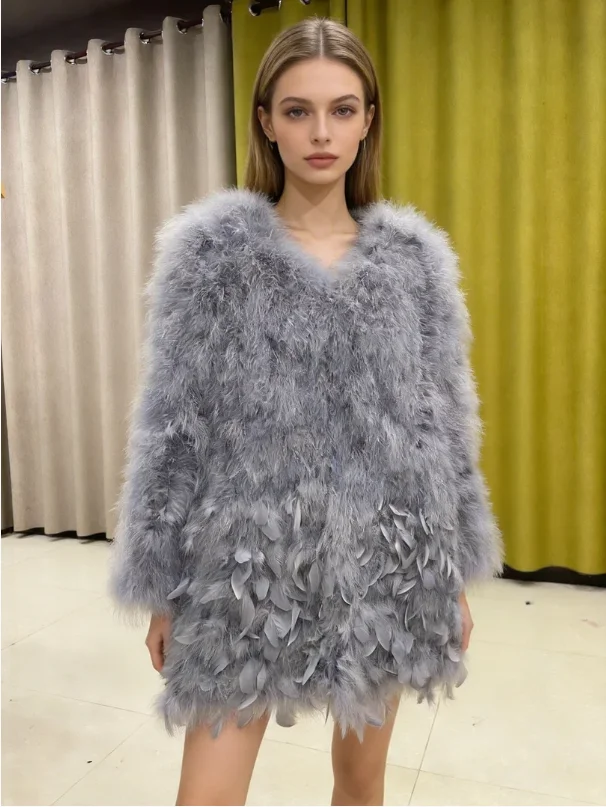 

Real Ostrich Feather Coat Fluffy Long Sleeve Feather Jacket Women's Gray Furry Real Fur Short Jacket Warm Outwear