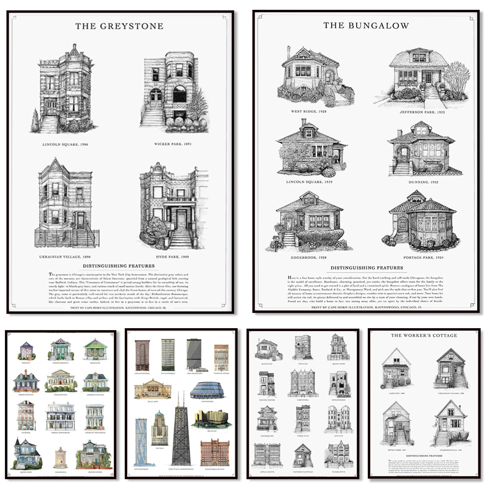 New Orleans Home Styles - Buildings and Primary Housing Types at NOLA, Chicago Community Building Guide Building Series Posters
