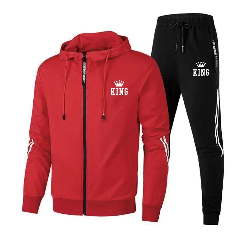 King Mens Tracksuit Suit Print Casual Zipper Hooded Jacket Coat+Sweatpants 2 Piece Set Autumn Winter Popular Jogging Clothing