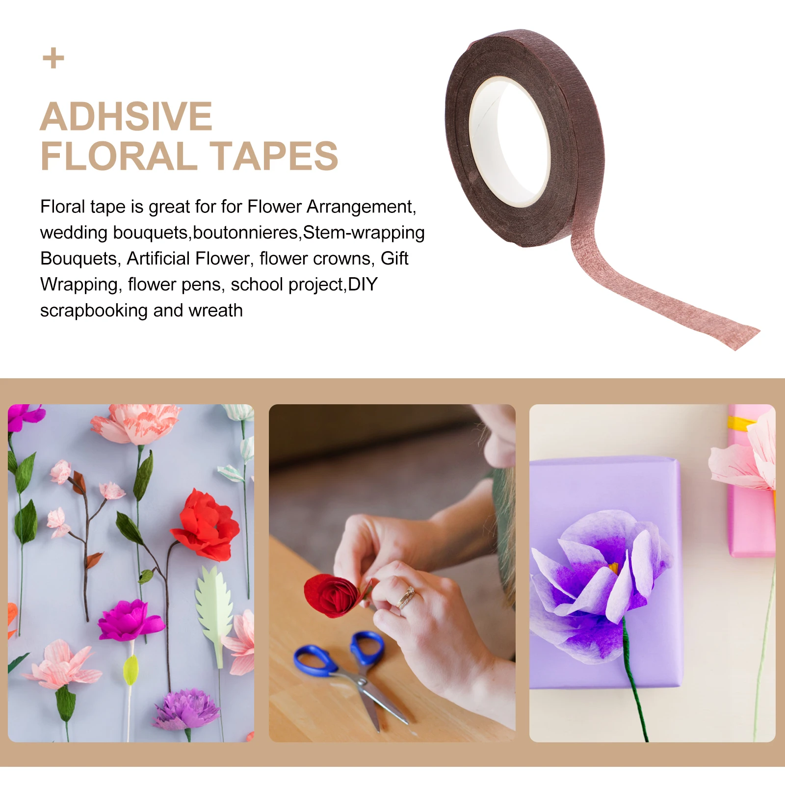 

3pcs 12Mm 30Yard Floral Tape Adhesive Wrapping For Bouquets Crafts Stretchable Colorfast Crepe Paper Self-Sticking Gift Wrapping
