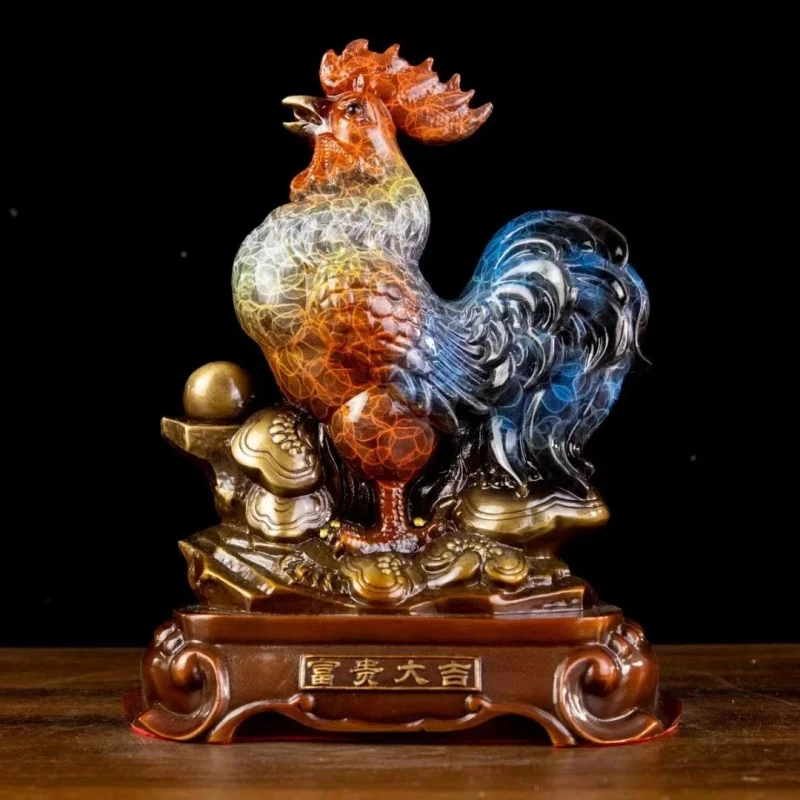 Painted Brass Figurine - Zodiac Rooster Wealth, Fortune, and Good Luck - Decorative Gift for Home Living Room