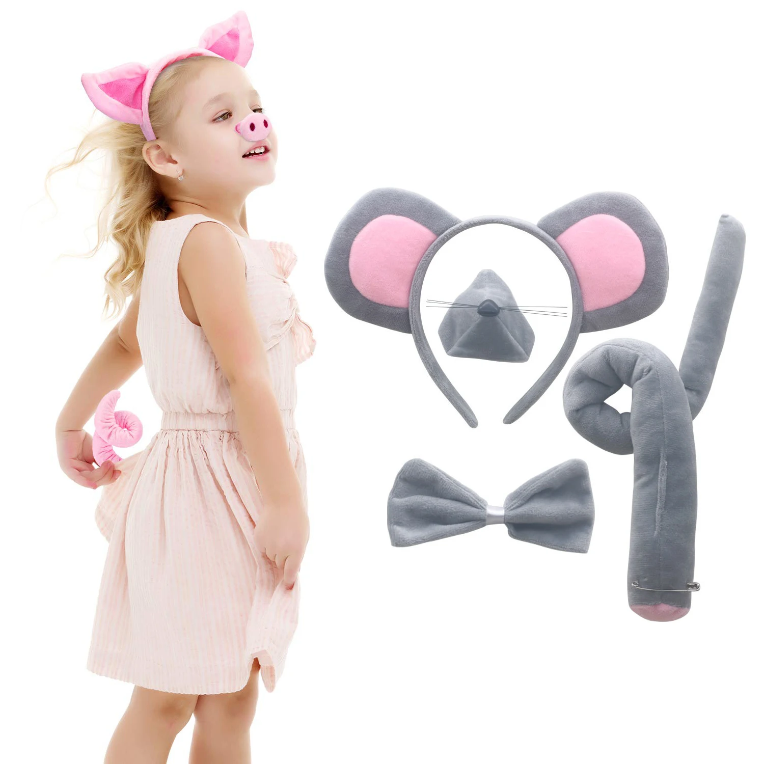 Kids Pig Headband Kawaii Gray Mouse Ears Headpiece Halloween Party Pink Tie Tail Bow Neck Tie 3D Cartoon Animal Short  Plush Set