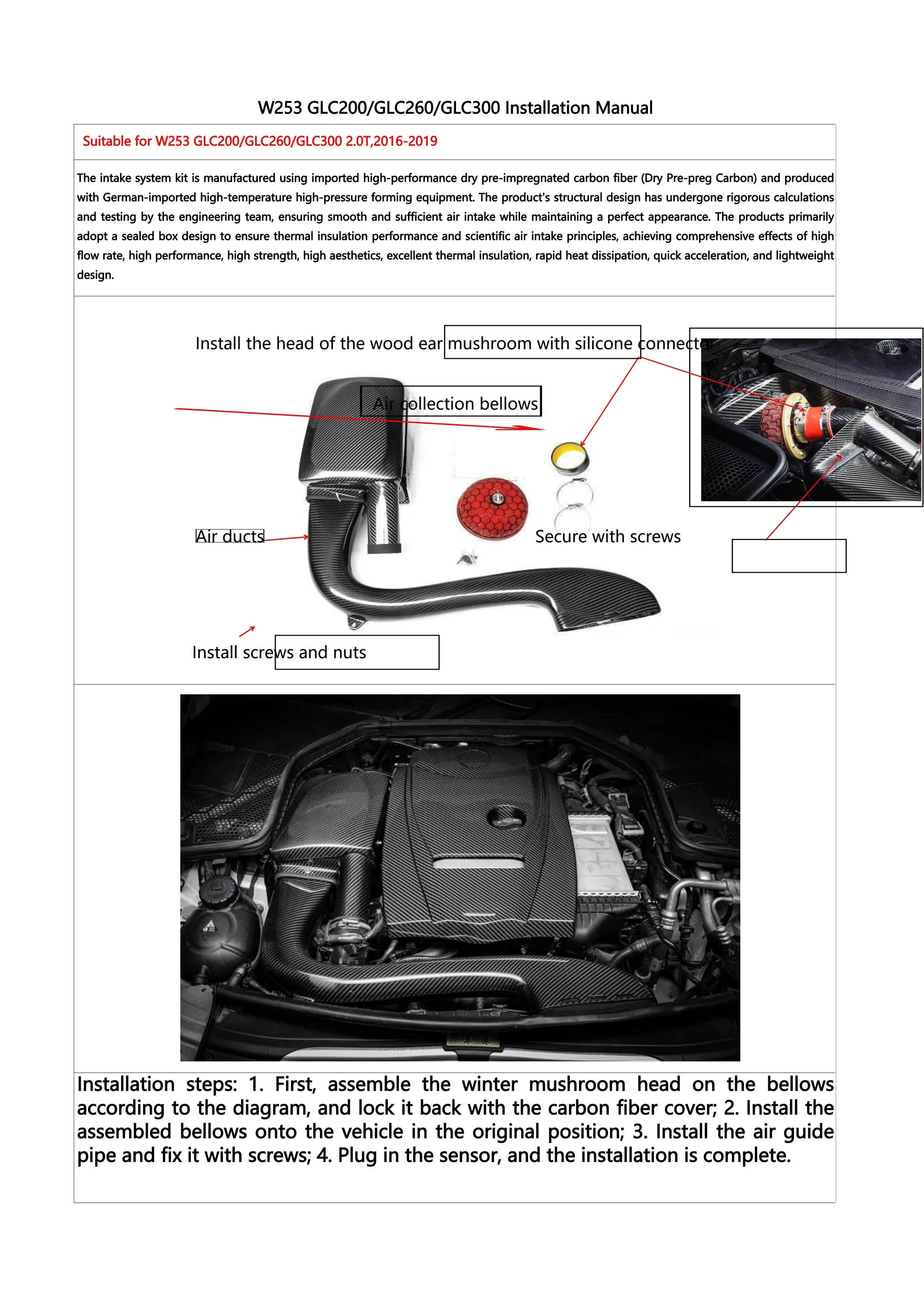 Sistema de admissão de ar frio de fibra de carbono seca real de desempenho 14-18 para Mercedes Benz W205 C180/C200/C260/C300 Tubo de admissão de ar do motor