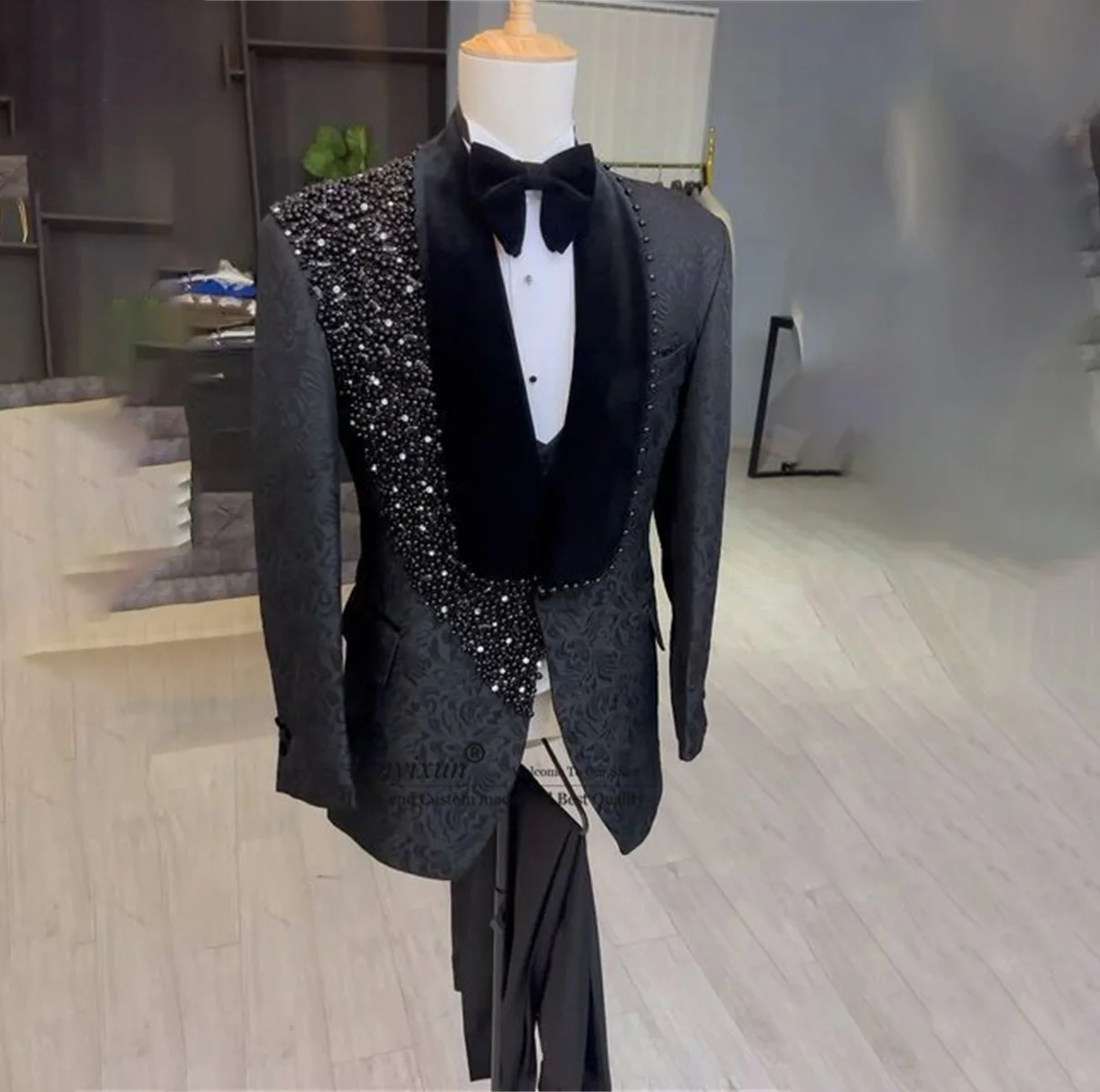 

Luxury Beaded Wedding Suits For Men Jacquard Male Prom Blazers Pants Outfits 3 Pieces Sets Groom Tuxedos Slim Fit Costume Homme