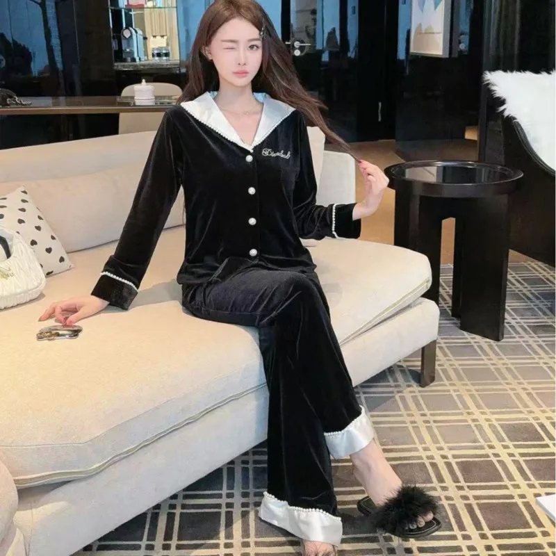 2025 Autumn Winter Velvet Pajamas Women Black White Gothic Long Sleeve Pants 2piece Set Thick Warm Luxury Nightwear Sleepwear