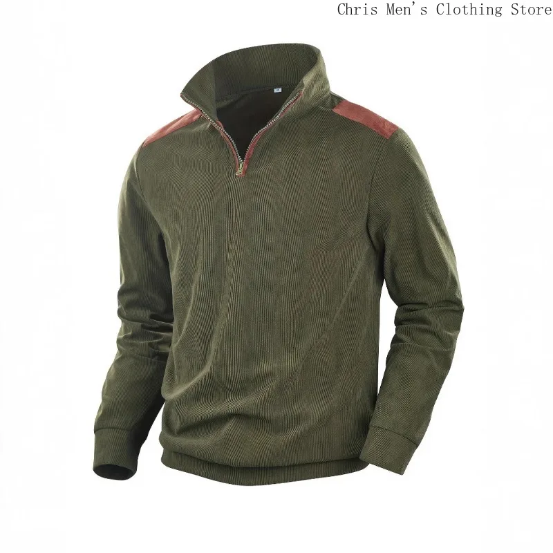 Business Casual Retro Men's Long Sleeve Polo Shirt, New High Quality Corduroy Men's Stand Collar Hoodie, Army Green Men's Shirt