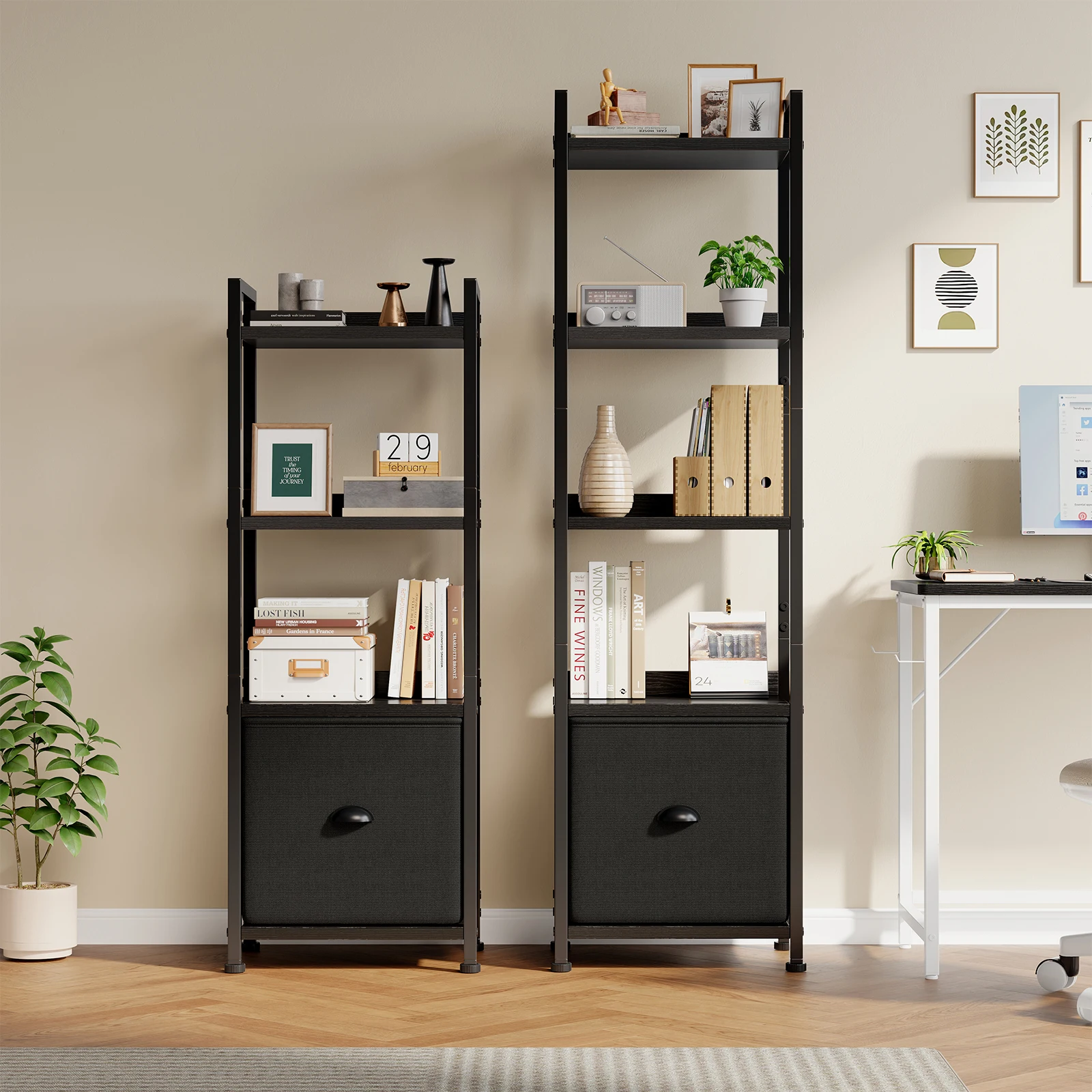 MCQ 4-5 Tier Bookshelf with Fabric Drawer Standing Open Book Shelf Organizer Wood and Metal Storage Shelf Organizer in Living Room Bedroom