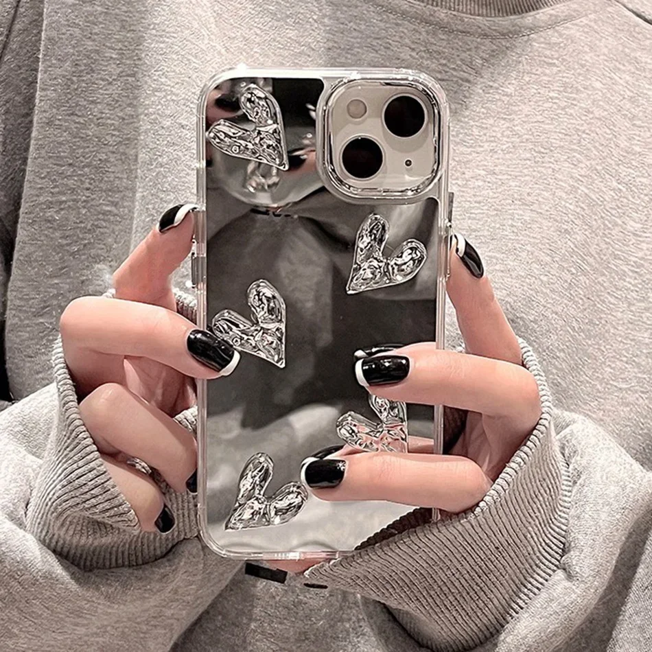 Shining Mirror 3D Heart Case for iPhone 11 12 13 14 15 Pro Max 7 8 Plus SE 2020 15Pro X XR XS MAX Hard Shockproof Phone Cover