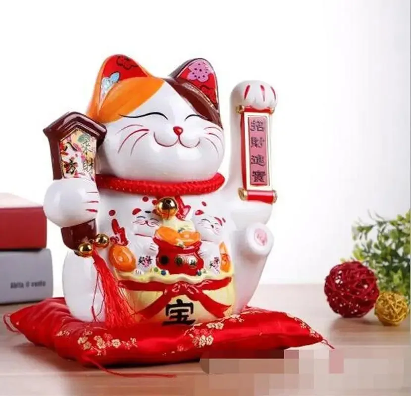 10 Inch Handicraft Waving Hand Lucky Cat Fortune Cat Gift Welcoming Feng Shui Crafts Money Box Home Store Decoration