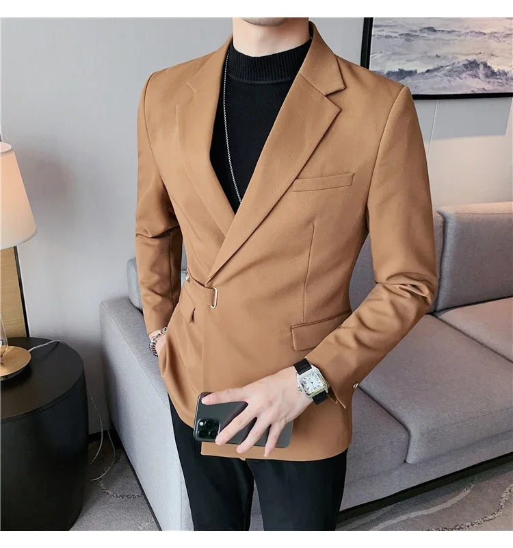 

Men Dress Autumn Blazers Cotton Linen Oblique Buckle Tuxedo Man Jacket One Button Pockets Blazer Coat Homens Suit Male Clothing