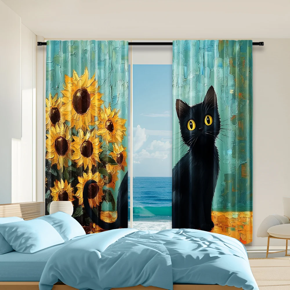 2 pcs, versatile polyester transparent curtains for home decoration Black Cat Knocks Over Sunflower Vase for use in bedrooms and