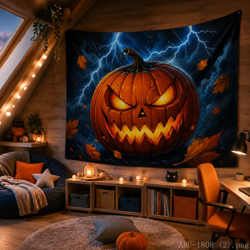 VIKAMA Spooky Halloween Pumpkin Tapestry Lightning Black Cat Maple Dark Night Wall Hanging Bedroom Dorm Decor Cloth