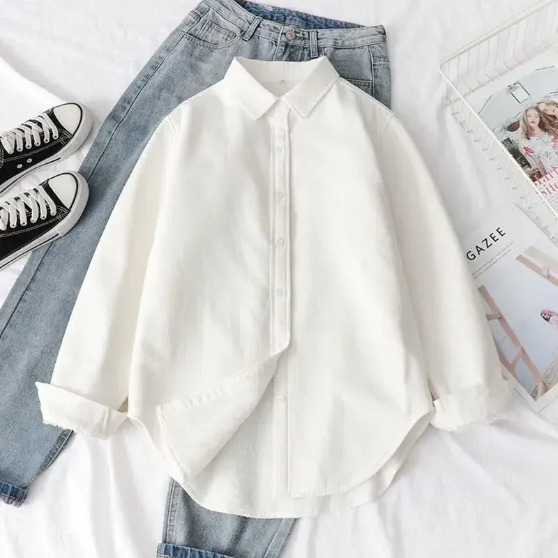 

Woman Korean Loose Long Sleeve Tops Autumn Winter Fleece Shirts Women Solid Color Thick Warm Button Down Blouse