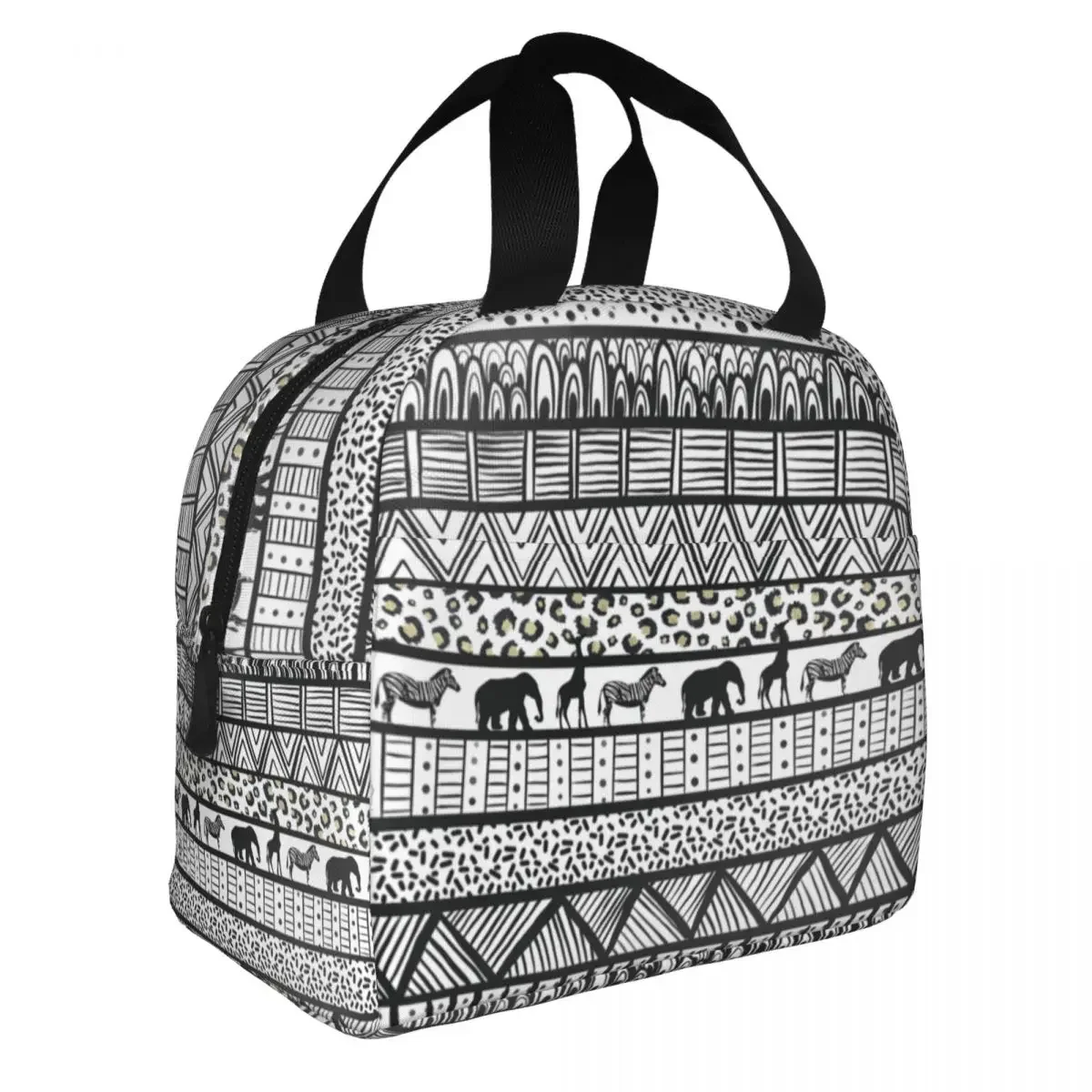 Lunch Bags for Women Kids Black White Tribal African Insulated Cooler Waterproof Picnic Oxford Lunch Box Bento Pouch