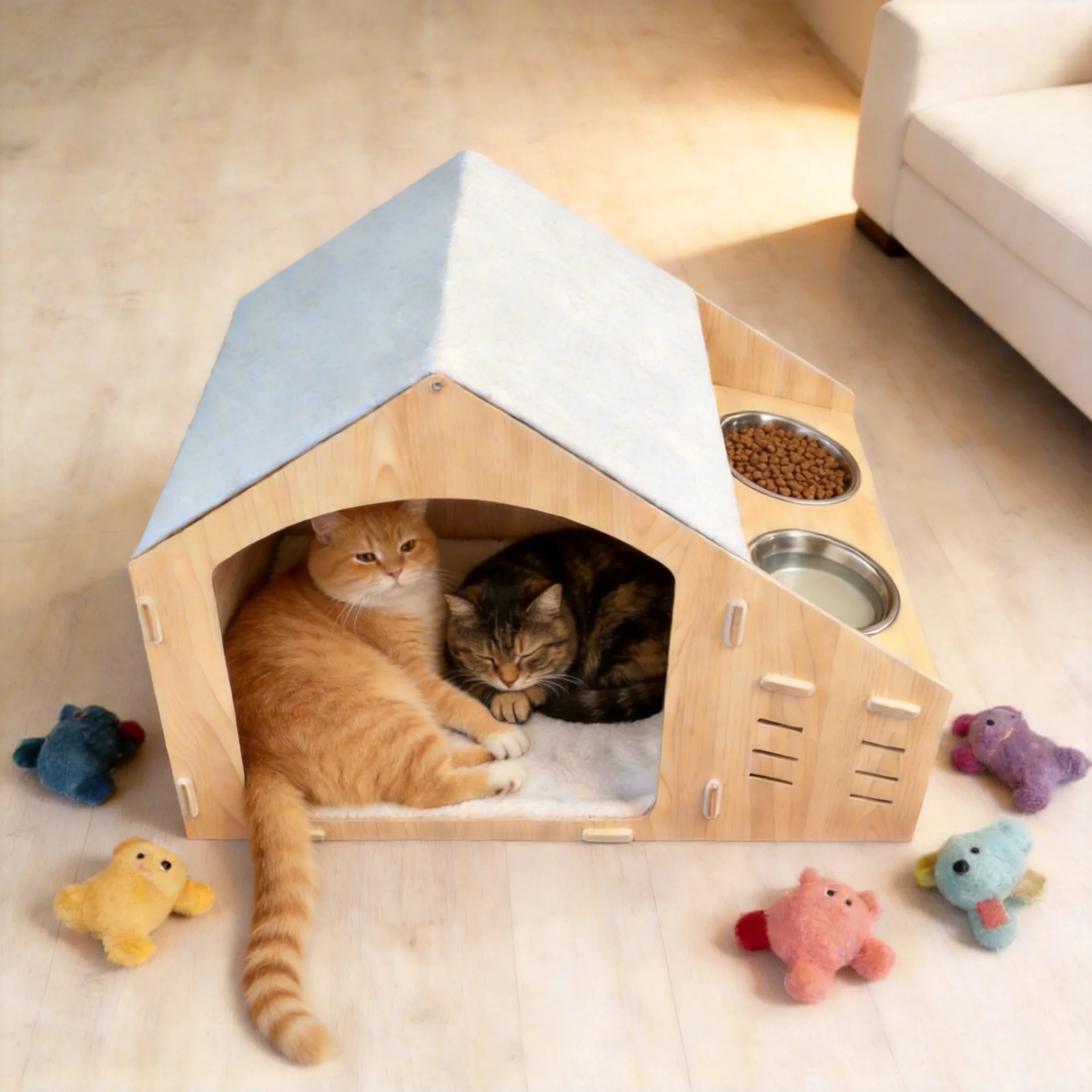 Casa de madera para gatos con comedero integrado, cama y rascador - imagen 4