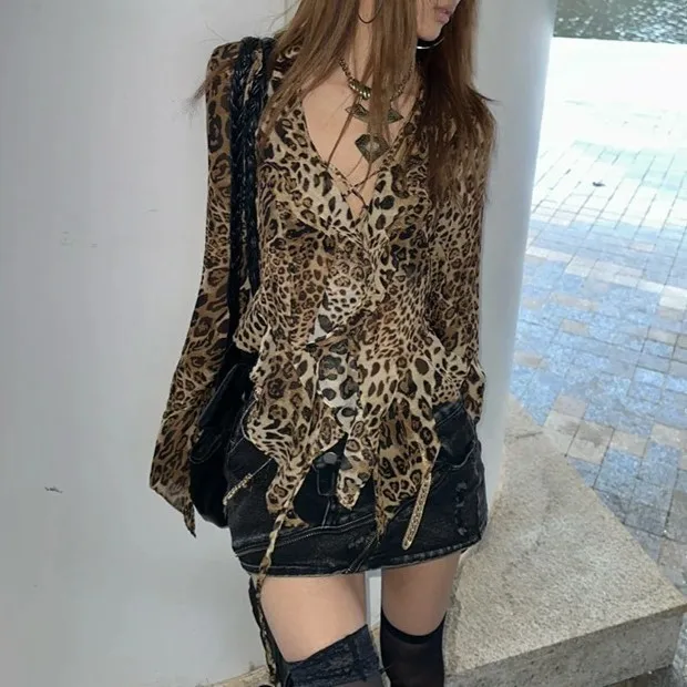 Women Y2K Leopard Print Sheer Blouse V Neck Ruffle Flared Long Sleeve Mesh Shirt Vintage Grunge Streetwear Tie Up Chiffon Top