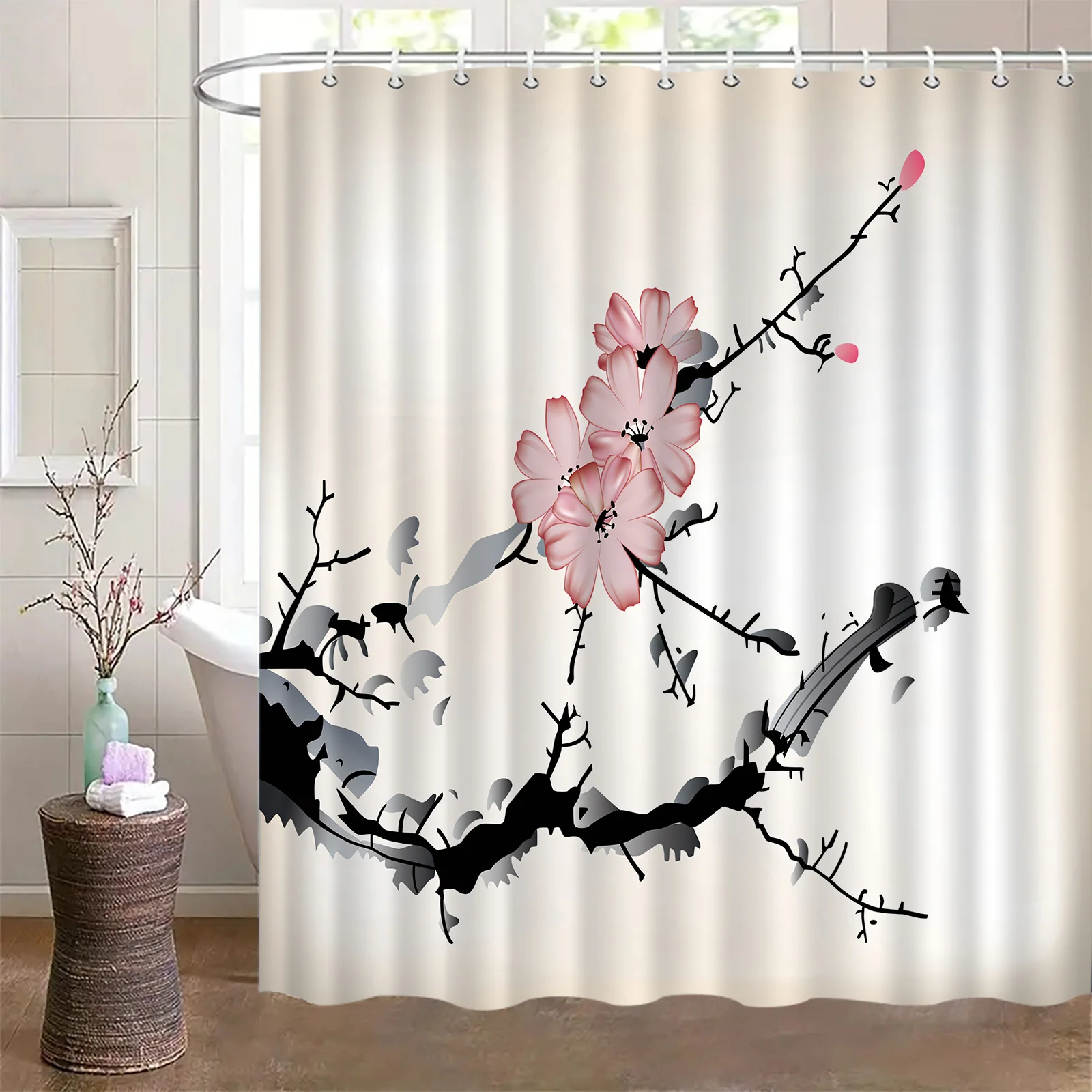 

Waterproof Cherry Blossom Sakura Shower Curtain Pink Floral Asian Style Japanese Bathroom Decor Curtain 180x180cm Linens