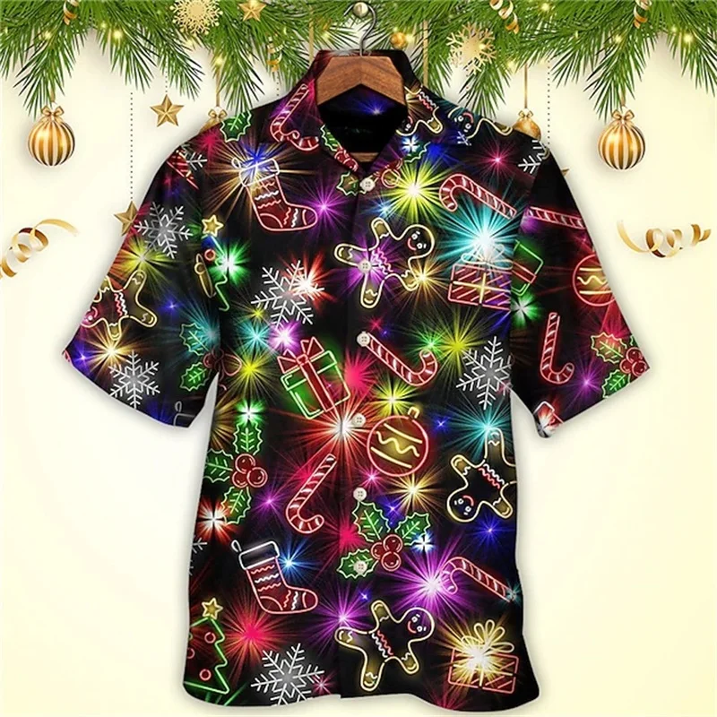 Full Print Men's Christmas Hawaii Shirts New In Short Sleeve Santa Claus Graphic Vacation Shirts Tops Mens Button Up Blouse