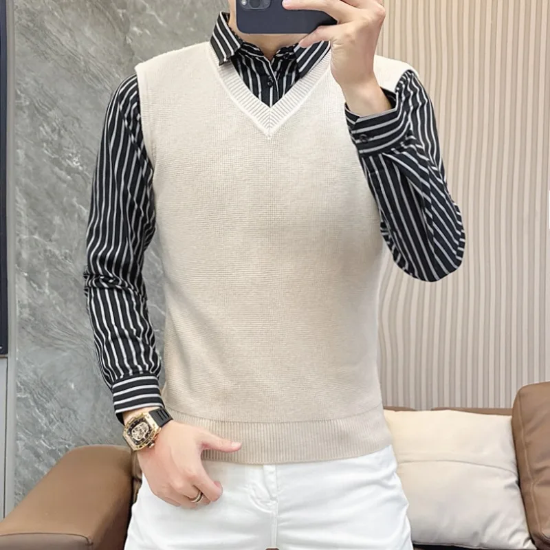 Brand Casual Men's Lapel Knitted Sweater Autumn Striped Knitted Fake Two-piece Pullover Sweaters Business Office Mens Clothing