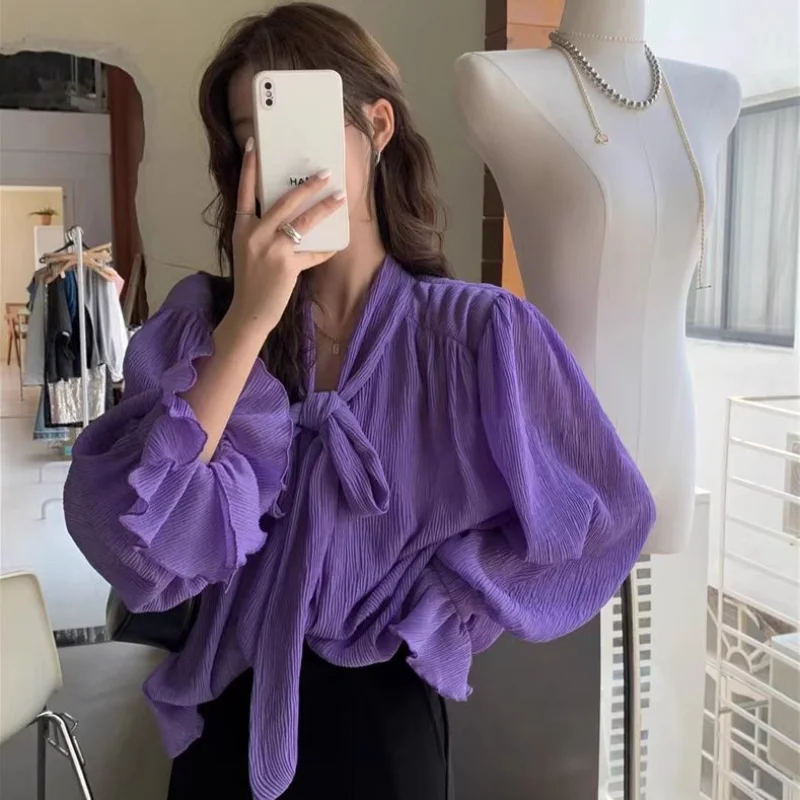 

Temperament Purple Long-sleeved Shirt New Chiffon Bow Spring and Autumn Design High-end Western Style Top