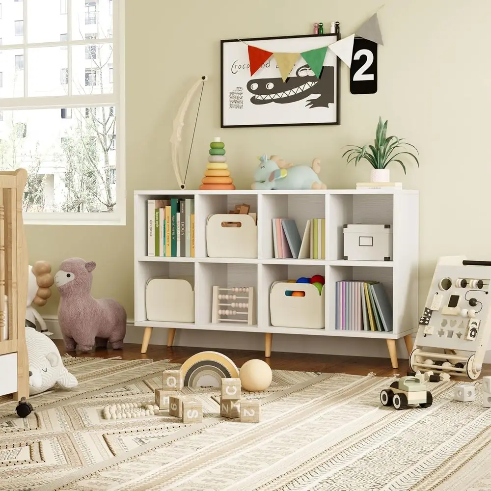 2 Tier Wooden Bookshelf with Legs, 11 Shel Opening, 47 Tall, Storage Organizer for Home Office, White - view 5