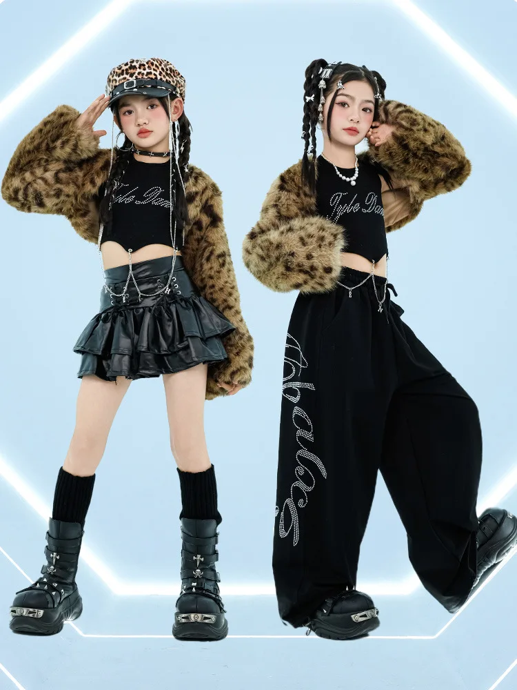 

Детская одежда в стиле хип-хоп, укороченное пальто из леопардового искусственного меха, черная майка с лямкой на шее, повседневная многослойная юбка, спортивные штаны для девочек, танцевальный костюм, одежда