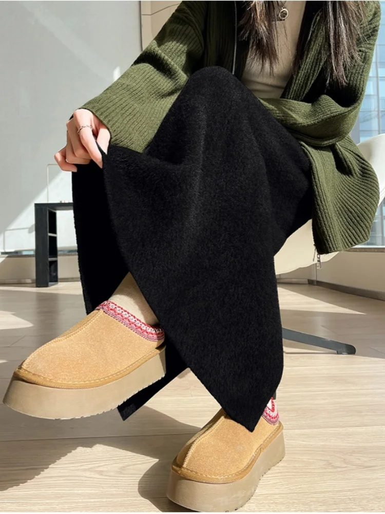 SMTHMA Mink Fur Autumn Winter Women's Knitted Long Skirt White Elegant High Waisted Slim Soft Solid Color Fashionable Skirt