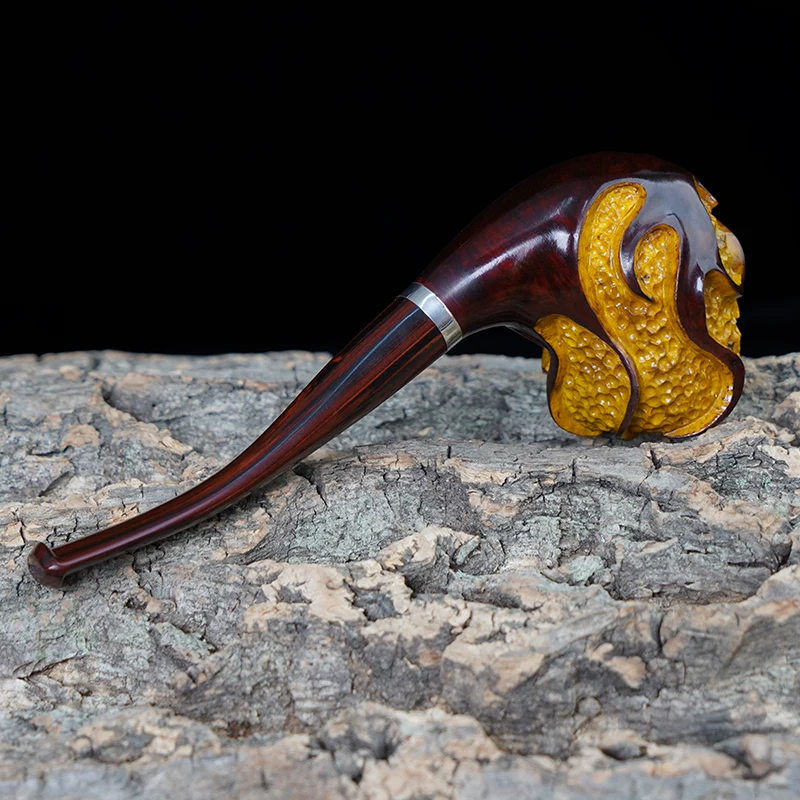 OLD FOX Tobacco Pipe Briar Dark Red Carved Silver Ring Cumberland Fire Phoenix 3mm Flue Gift for Dad