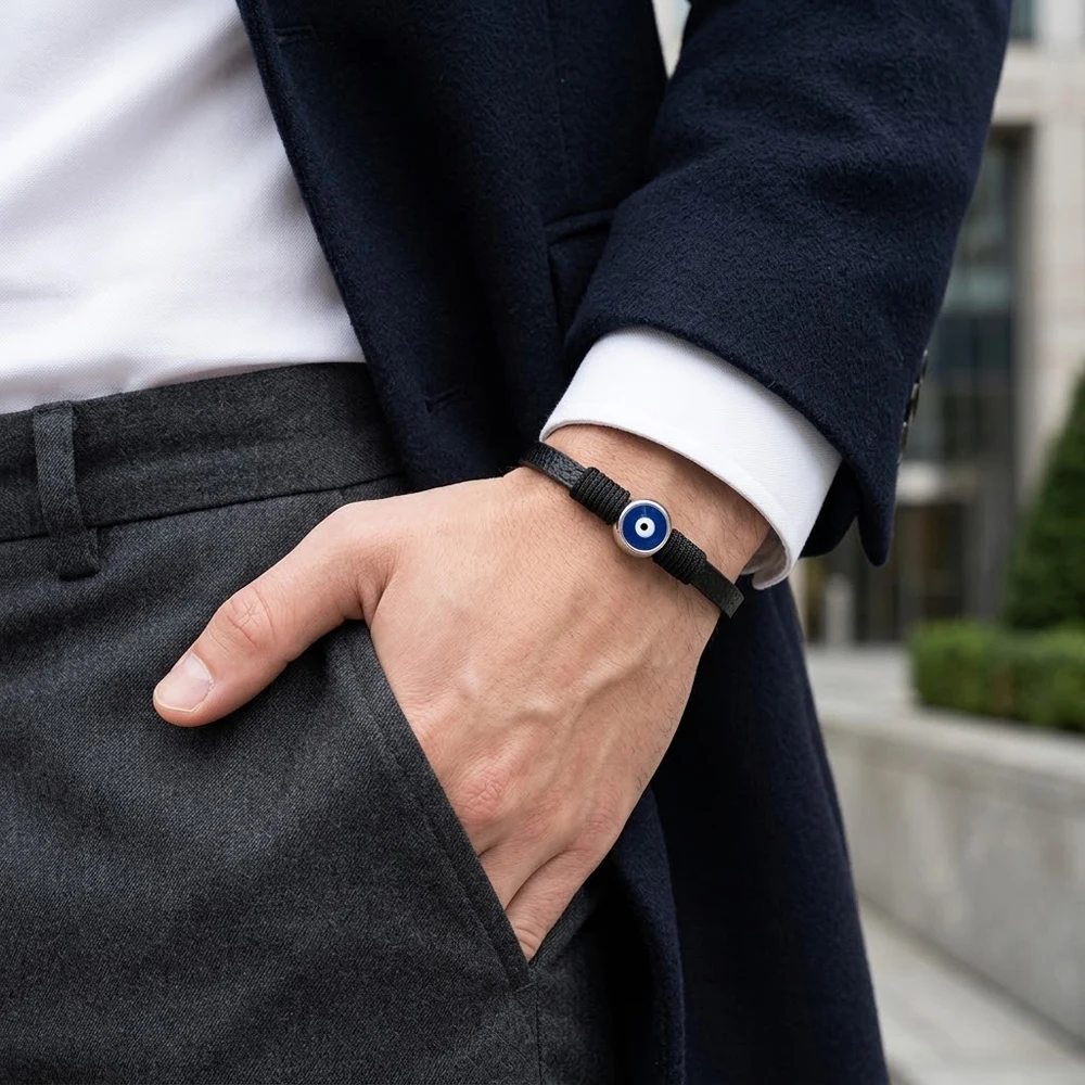 New Evil Eye PU Leather Bracelet Bangle for Men Turkish Blue Eye Bangle Women Jewelry Gift