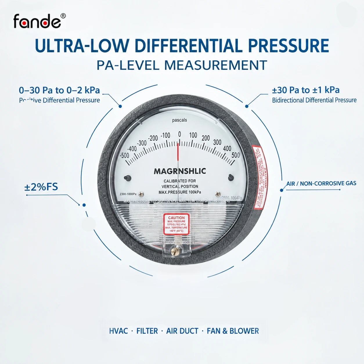 Ultra-Low Differential Pressure Gauge 30Pa–2kPa Bidirectional HVAC Air Duct Filter Fan Blower 1/8