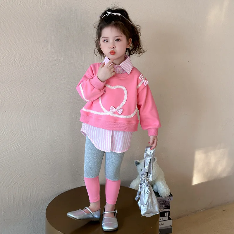 

Girls Suit 2025 Autumn New Children's Clothing Korean Style Girl Baby Fake Two Lace Hoodie Pants Two Sets of Casual Simple Daily