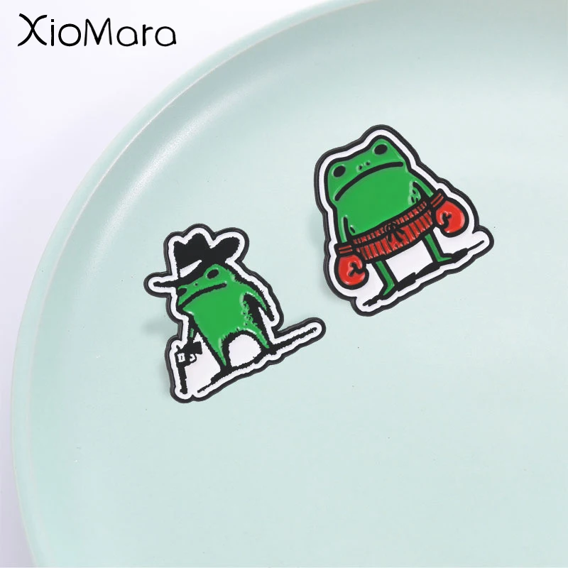 Cartoon Cowboy and Boxer Frog Badge, Cool Funny Animal Frog Enamel Pin, Fashion Clothes Backpack Accessory, Gift for Frog Lovers