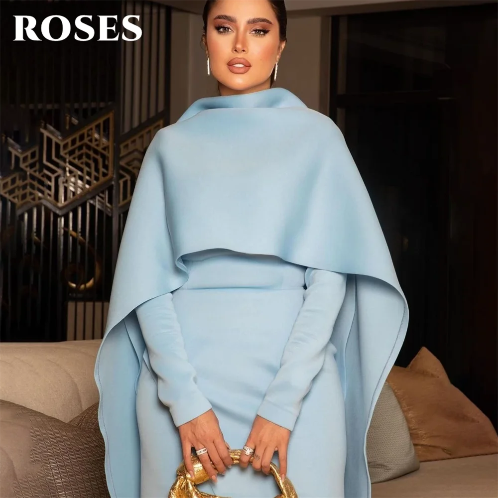 

ROSES Softly Blue Prom Dress Stylishly Cape Party Dresses Long Sleeves Sophisticated Sheath Formal Occasion Dresses Customized