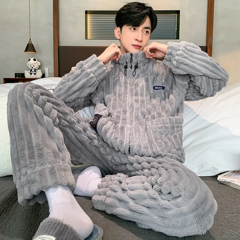 Autumn Winter Men\'s Coral Velvet Pajamas Plush Thickened Zipper Jacquard Flannel Cardigan Oversized Loose Home Clothing Set