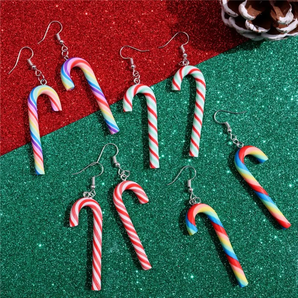 High Quality Colorful Stripes Christmas Earrings Candy Cane Santa Jewelly Xmas Gift Simple Style Christmas Hook Earrings