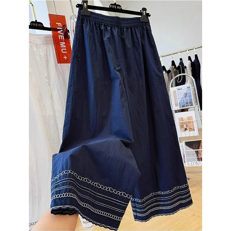 Oversized Women Clothing Casual All-match Embroidered Solid Color Elastic Waist Wide Leg Pants Ladies Simplicity Loose Trousers