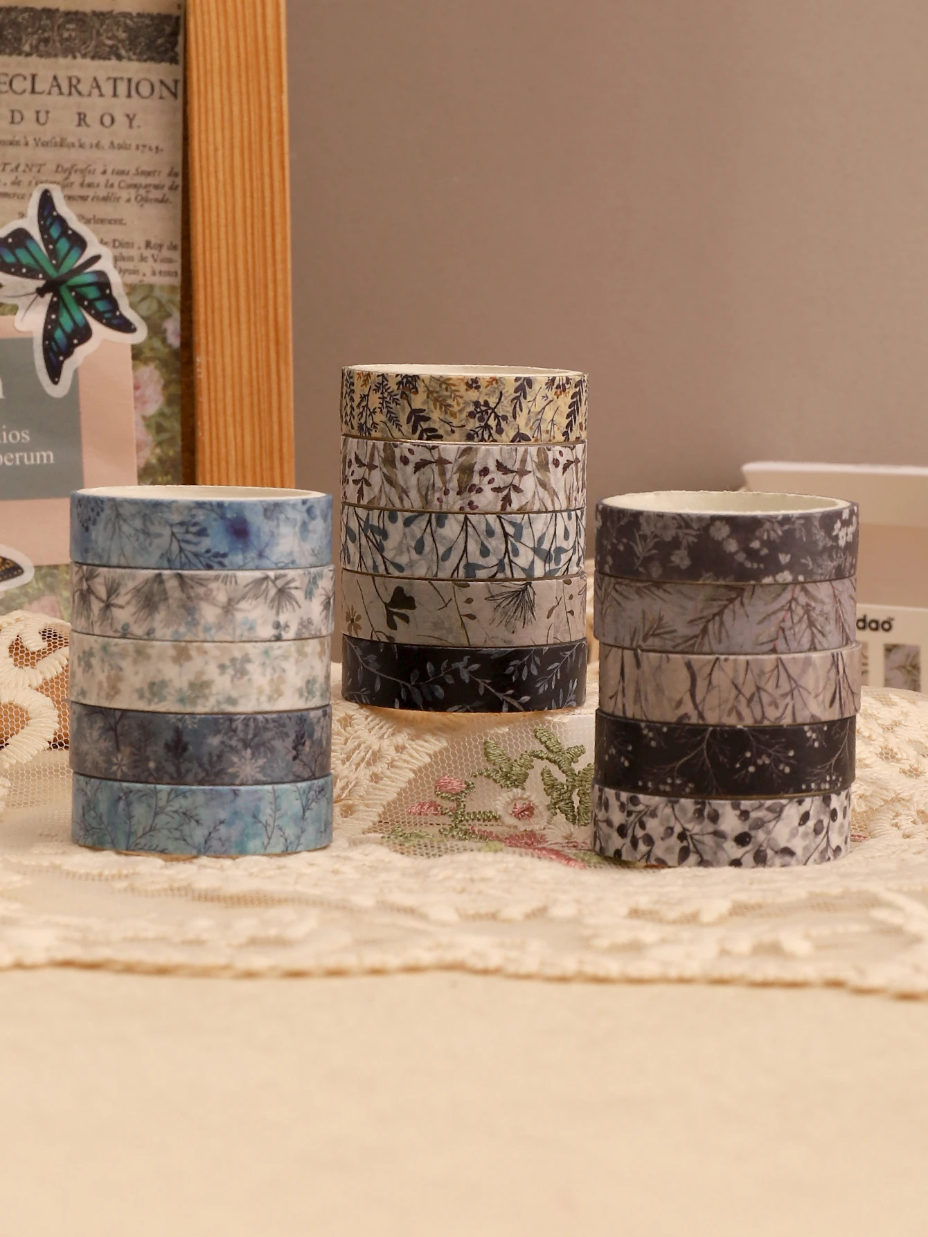 5 Rolls/Box Winter Botanical Washi Tape Set Blue Gray Leaf Branch Pattern for Journaling Scrapbooking Planner Collage Crafts