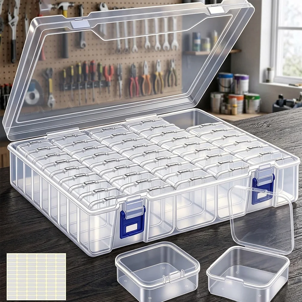44-teilige Kunststoff-Aufbewahrungsbox mit kleinen Fächern und 1 großer Aufbewahrungsbox, Sortierbox für Schrauben und Muttern, tragbare Zubehör-Aufbewahrungsbox mit Etiketten – Detail 3