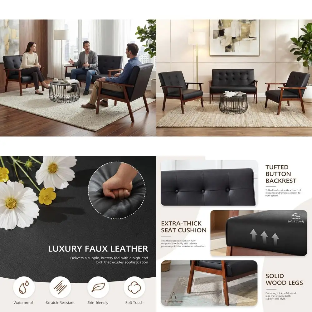 

Комплект мебели для гостиной Century 1: диван-софа на два места и 2 акцентных кресла, деревянные кресла с подлокотниками, набор для гостиной (8428, черный комплект)