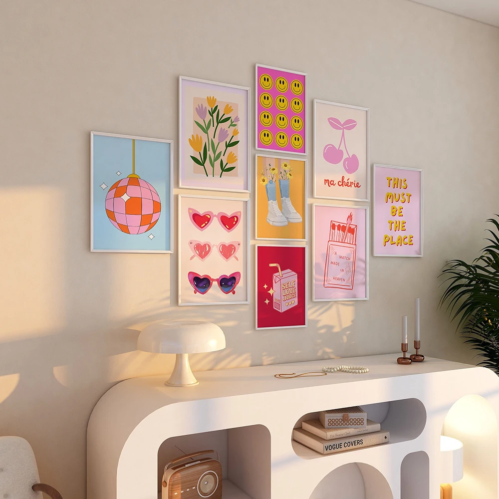 Pink Preppy Poster Print Dopamine Wall Art Pictures Danish Dorm Room  Colorful Canvas Painting Trendy Art Murals ation