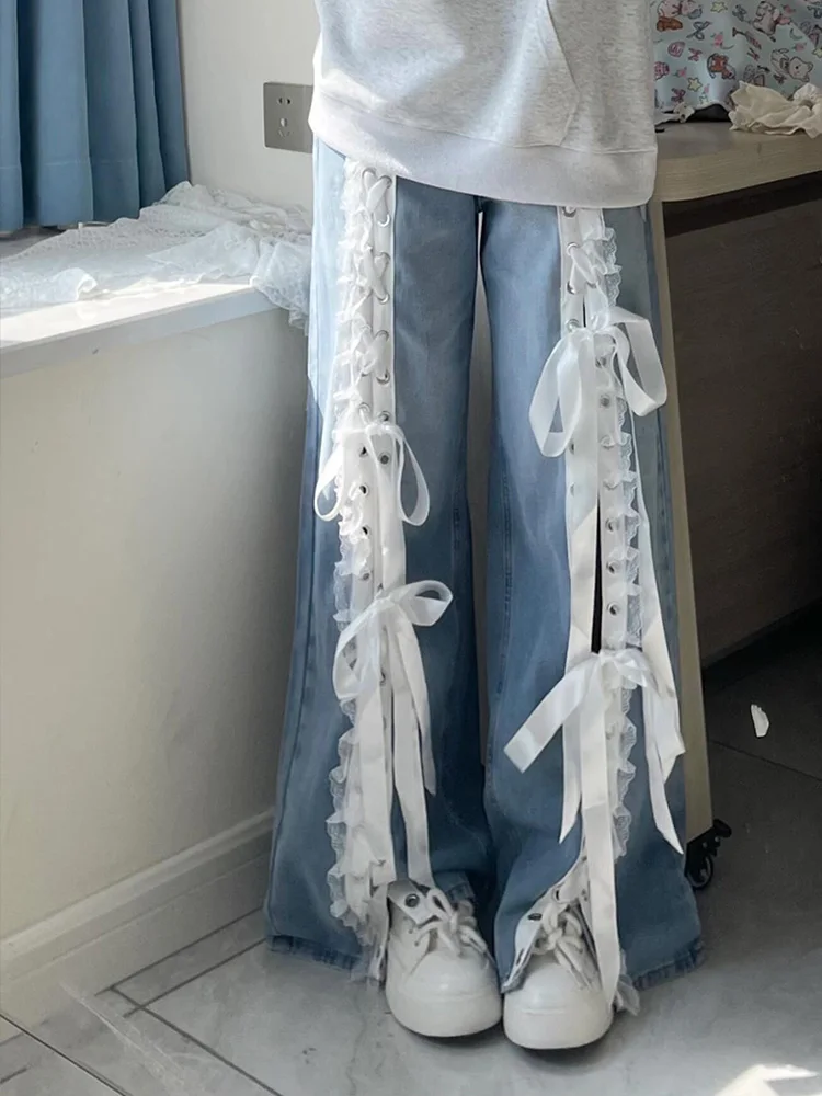 Women Streetwear Lace Patchwork Bandage Y2K Bow Wide Leg Denim Pants Harajuku Korean Style Baggy Design Straight Trousers