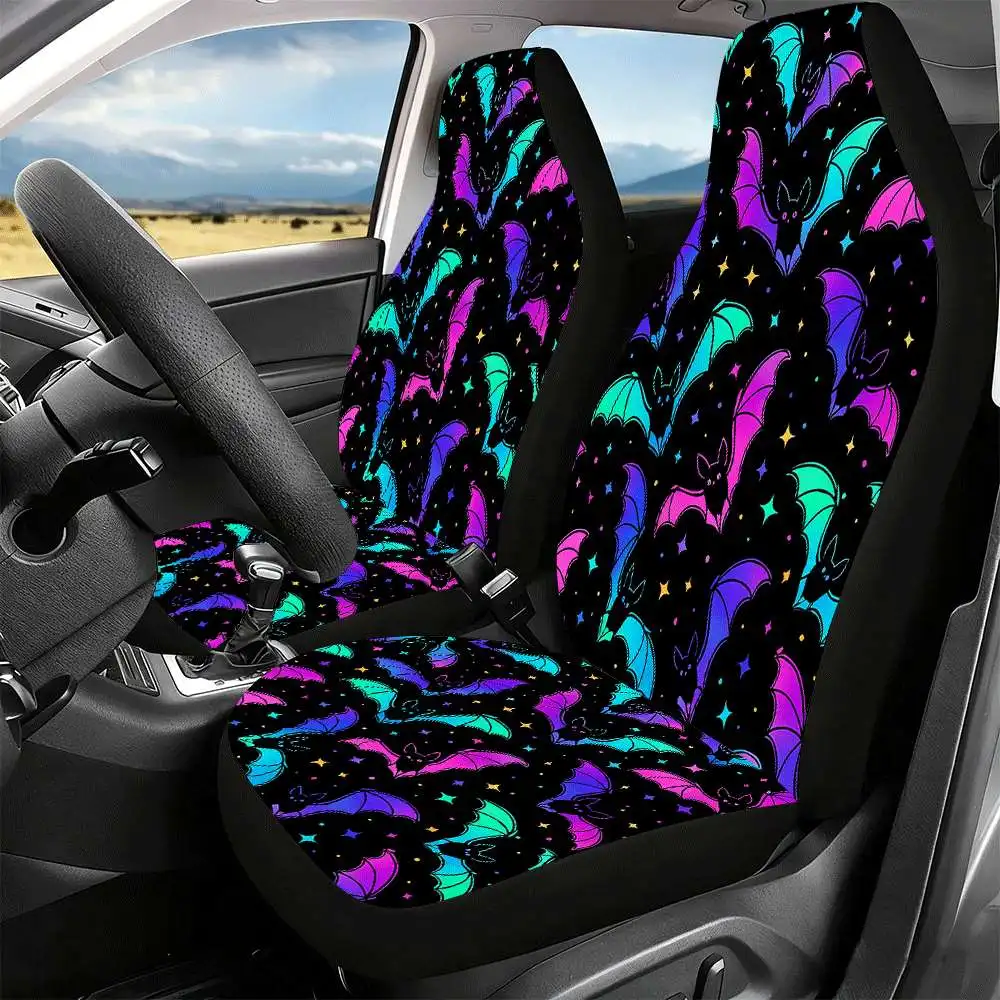 2pcs Neon Glow-in-the-Dark Bat Design Car Seat Covers - High-Back Fit For Cars, SUVs, Trucks - Spooky Halloween & Christmas Acce
