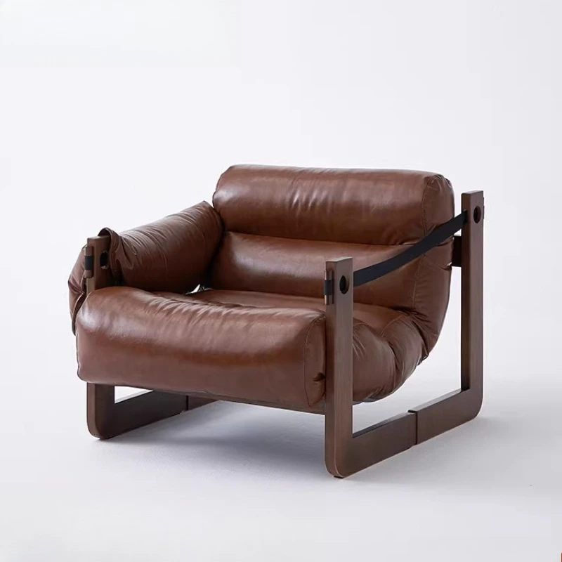 

Single sofa chair oil wax leather antique living room solid wood leisure recliner