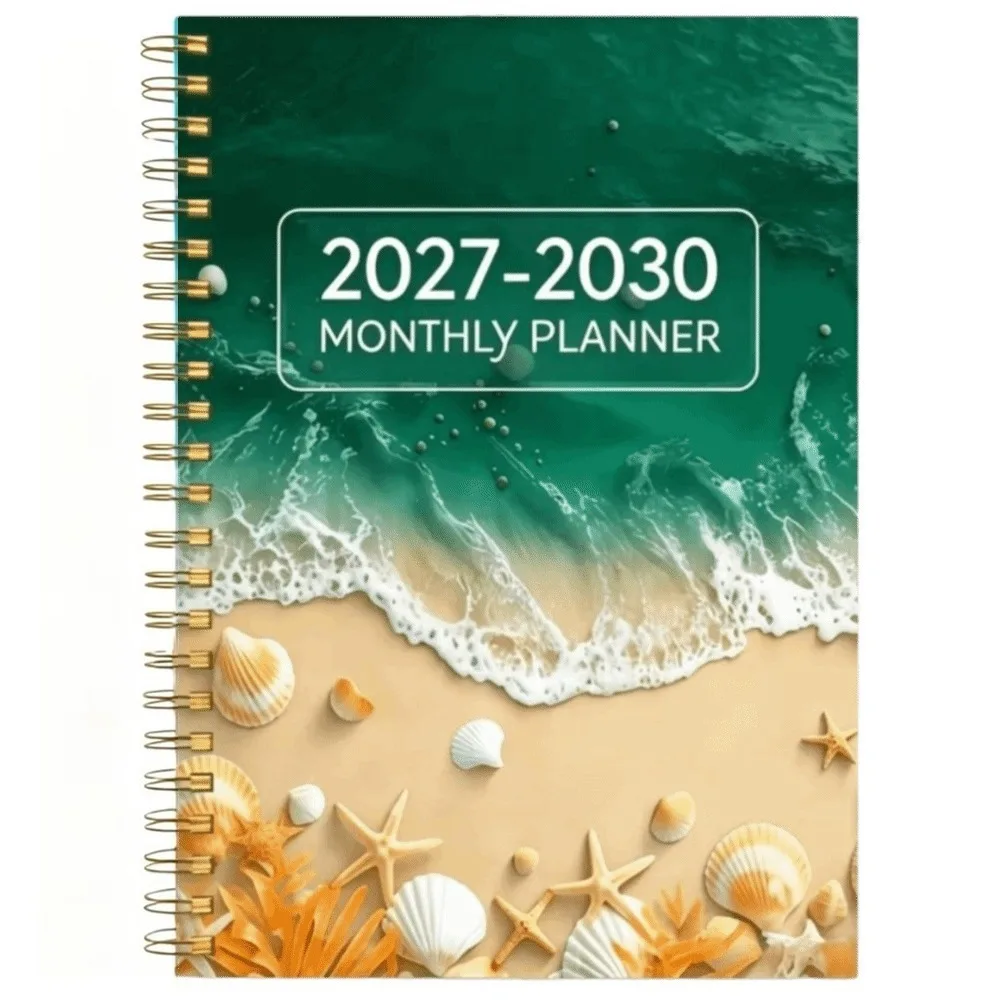 Beach Theme Cover 2027-2030 Monthly Calendar A5 Spiral Bound Annual Calendar Notebook Ocean Seashell Covered