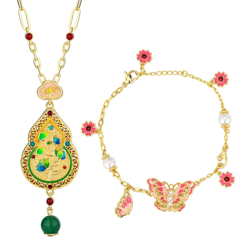Autumn Winter New Set Jewelry Necklace Water Drop Bracelet Butterfly Shape Enamel Craft Retro Chinese Style Fashion Women's