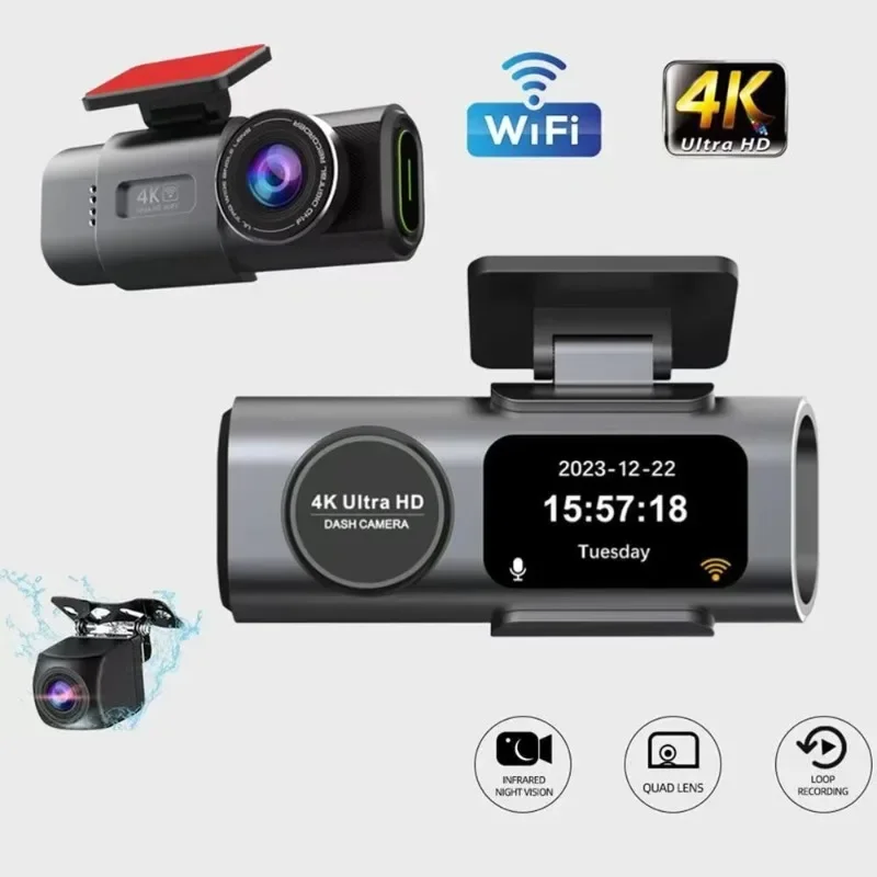 

4K Black Box Dash Car Camera Dual Channel Dashcam Time Data Display Cam Loop Recording Dvr 170° Wide Angle With WiFi Parts