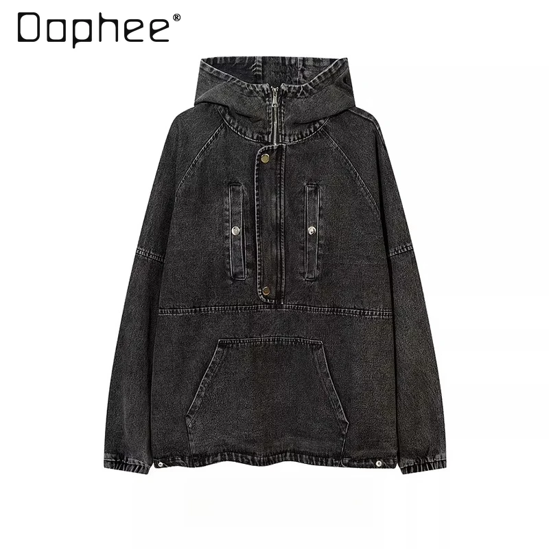 

2026 Spring and Autumn American Retro Street Style Loose Casual Versatile Daily Men's Gray Denim Hooded Jacket